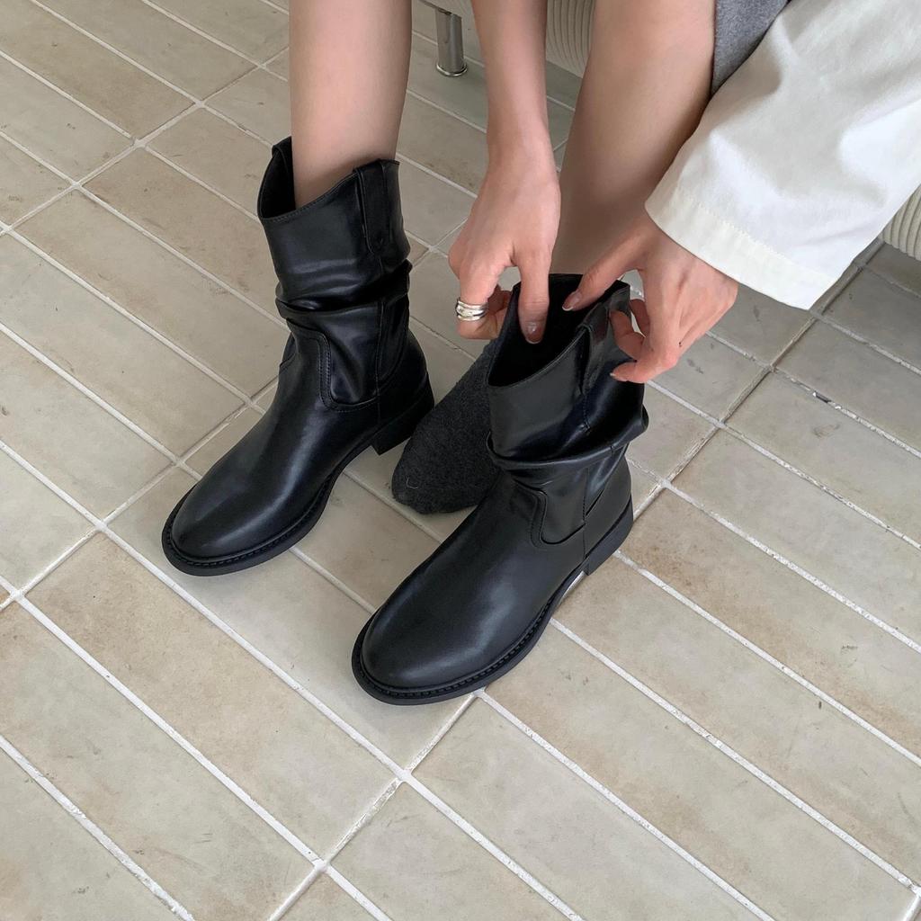 Skinny Low Heel Medium Boots Women's Shoes 2025 Spring and Autumn Single Boots Western Cowboy Pile Short Boots Coarse Heel Martin Boots