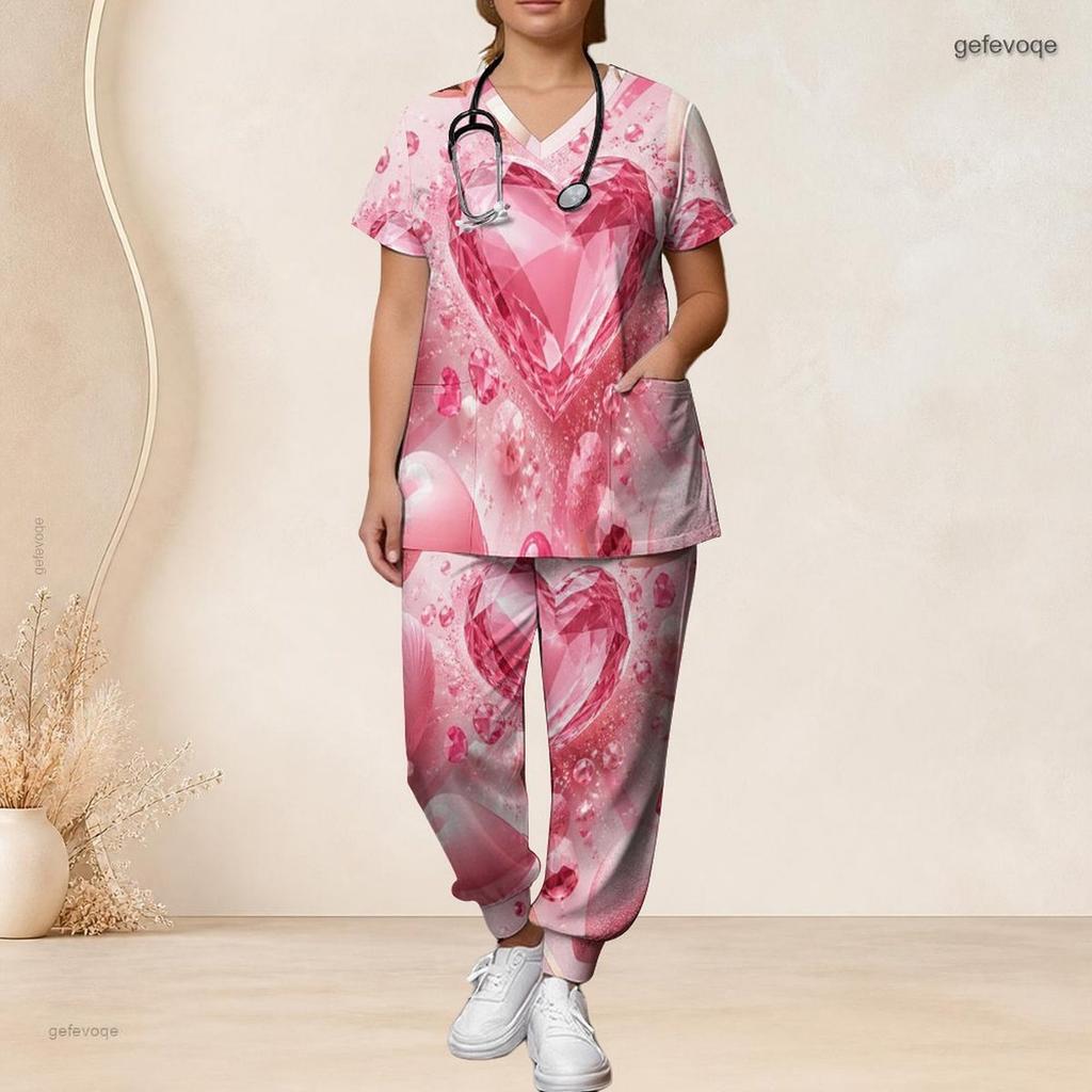 Women Plus Size Heart Balloon Print Scrub Set Short Sleeve V Neck Top And Wide Long Pants Medical Work Suit