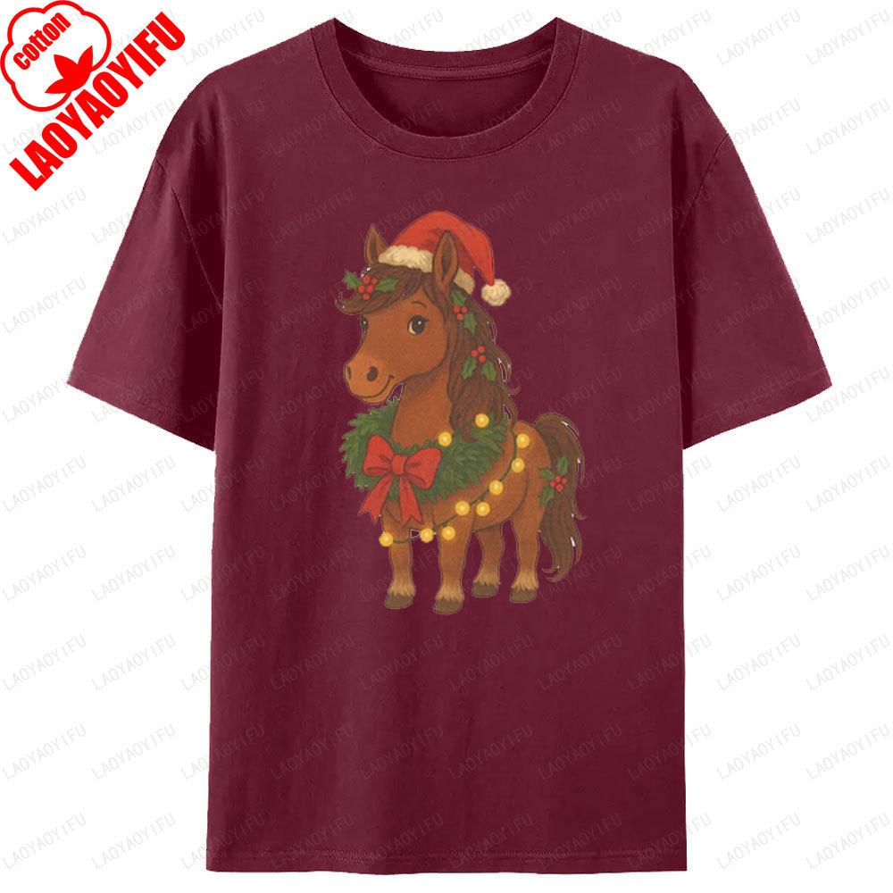 Lovely Christmas Horse Pattern Printed TShirt Christmas Hat Cotton Tshirt Unisex Unisex Classic Cute Horse Graphic T Shirts Tops