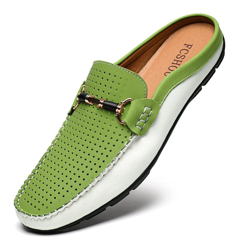 

Fashion Mens Casual Half Loafers Loafers Punching Shoes Men Genuine Leather Slippers Breathable Male Shoes Comfy Stylish Muller Moccasin 37 зелёный