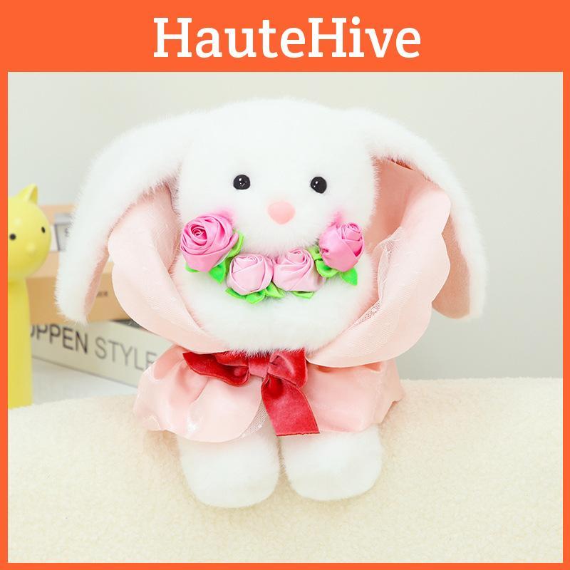 Themed Rose Floral Rabbit Stuffed Toy With Soft Short Fur For Romantic Gift