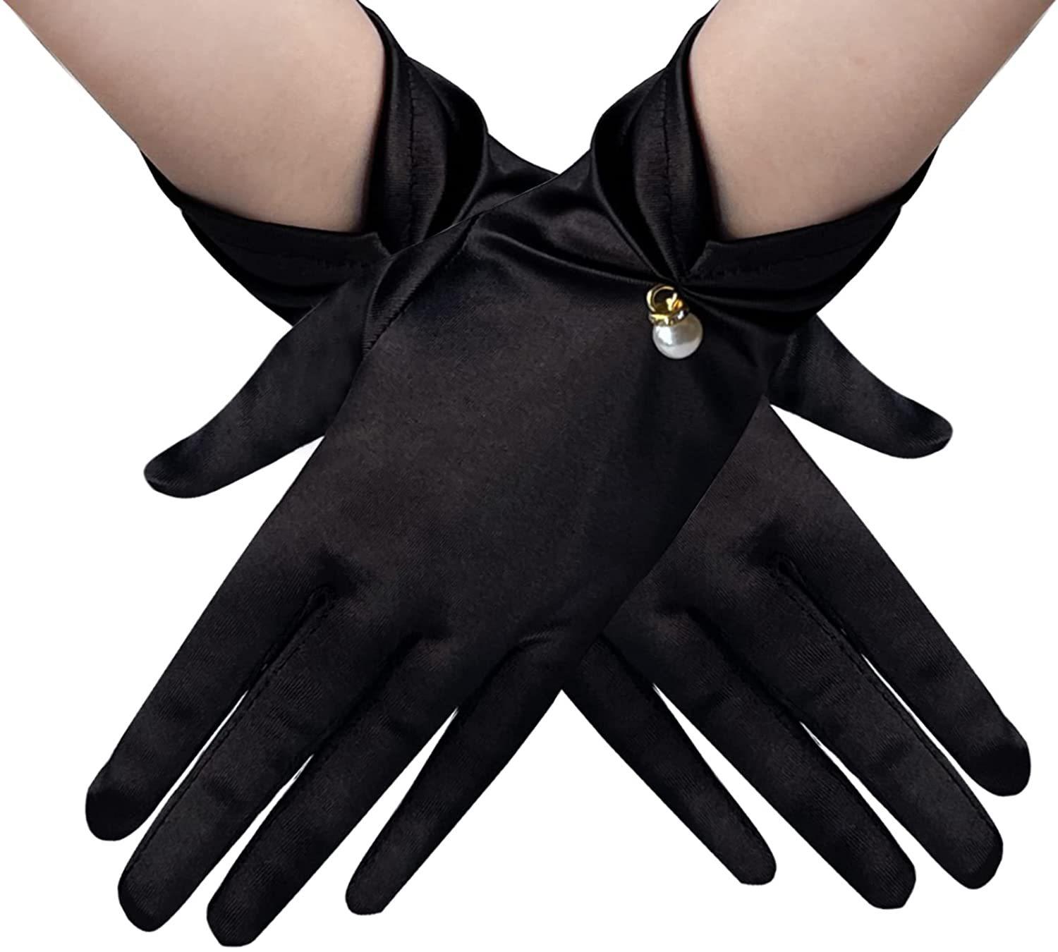 

Women Sunscreen Anti-UV Elastic Thin Mittens Satin Pearl Pendant Short Gloves EMA