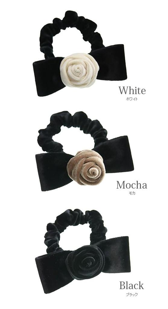 VINGTAINE Rose Scrunchie Hair Tie with Ribbon and Flower Design for Cute and Elegant Hair Velvet, Updos, Accessory, Gift, H7744-BK