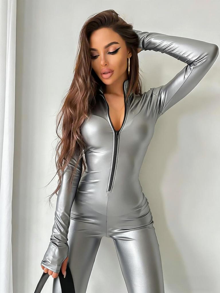 Women's Patent Leather Jumpsuit: Sexy Spring/Autumn Catwoman Cosplay Costume, Tight-Fit European/American Style.