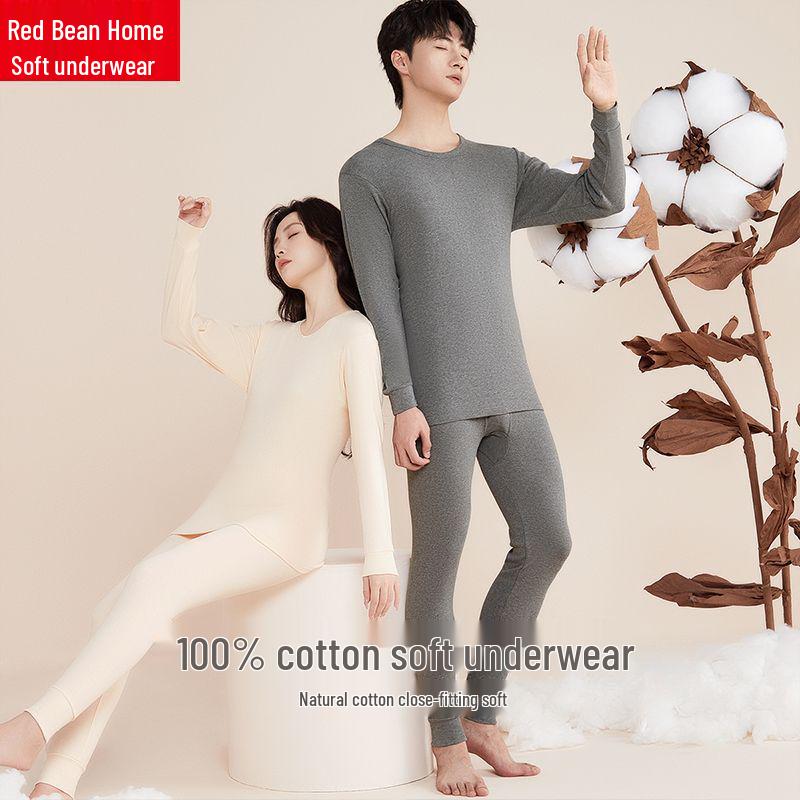 Red Beans Couples' Pure Cotton Thermal Underwear Set - Thin Sweater & Pants for Men and Women, Perfect for Autumn and Winter.