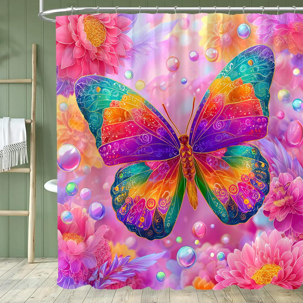 Beautiful pink butterfly pattern Shower Curtain,flowers Shower Curtain,Printed polyester fabric Bathroom Decoration Curtain