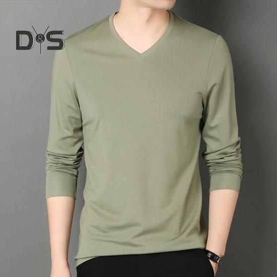 Men Fall Spring Top V Neck Long Sleeves Pure Color Slim Fit Thin Pullover T-shirt Daily Wear Sport Homewear Clothes
