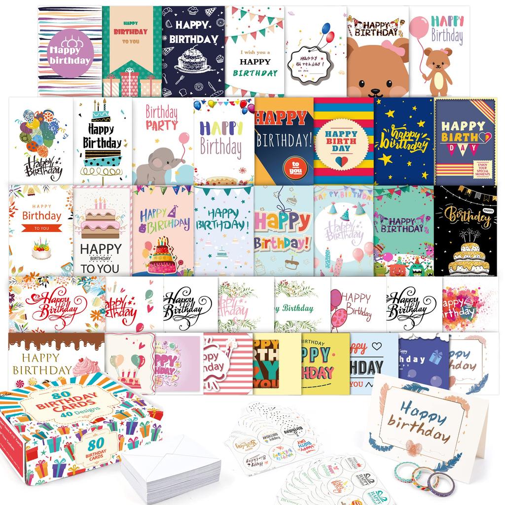 Carte d'anniversaire Feela, carte Joyeux anniversaire, 80 pièces, motif mignon, enveloppe, autocollant d'enveloppe, ruban de masquage inclus, carte de message, célébration, cadeau