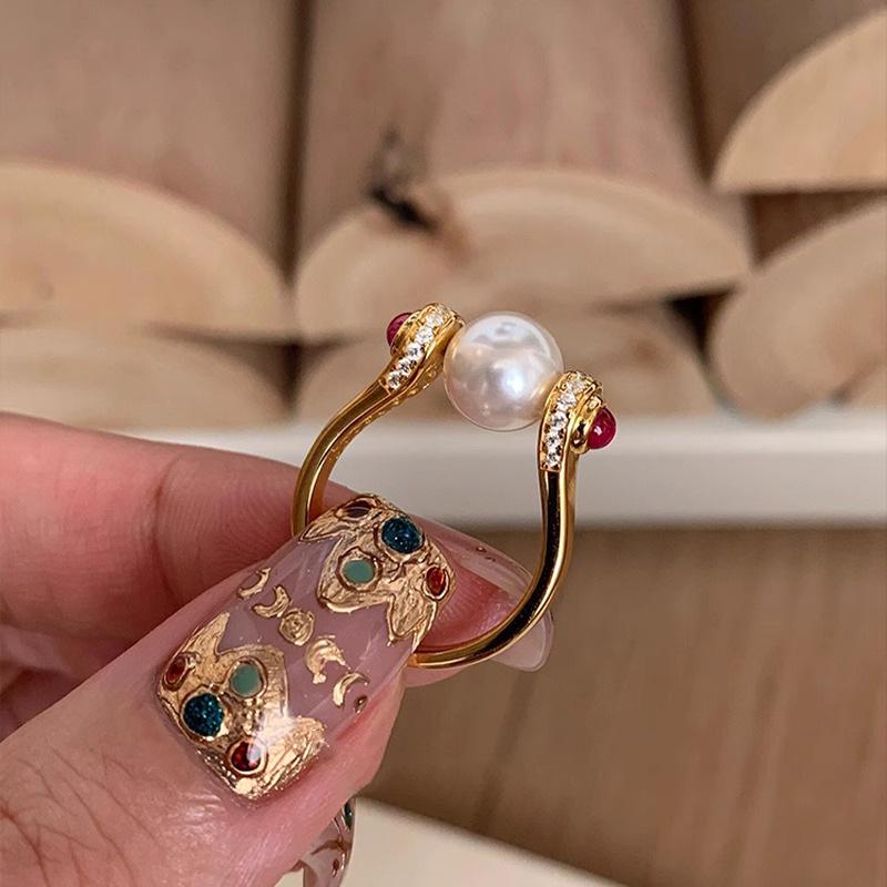 Medieval Diamond-Studded Pearl Earrings and Peace Love Crown Stacking Ring with Advanced Brushed Design