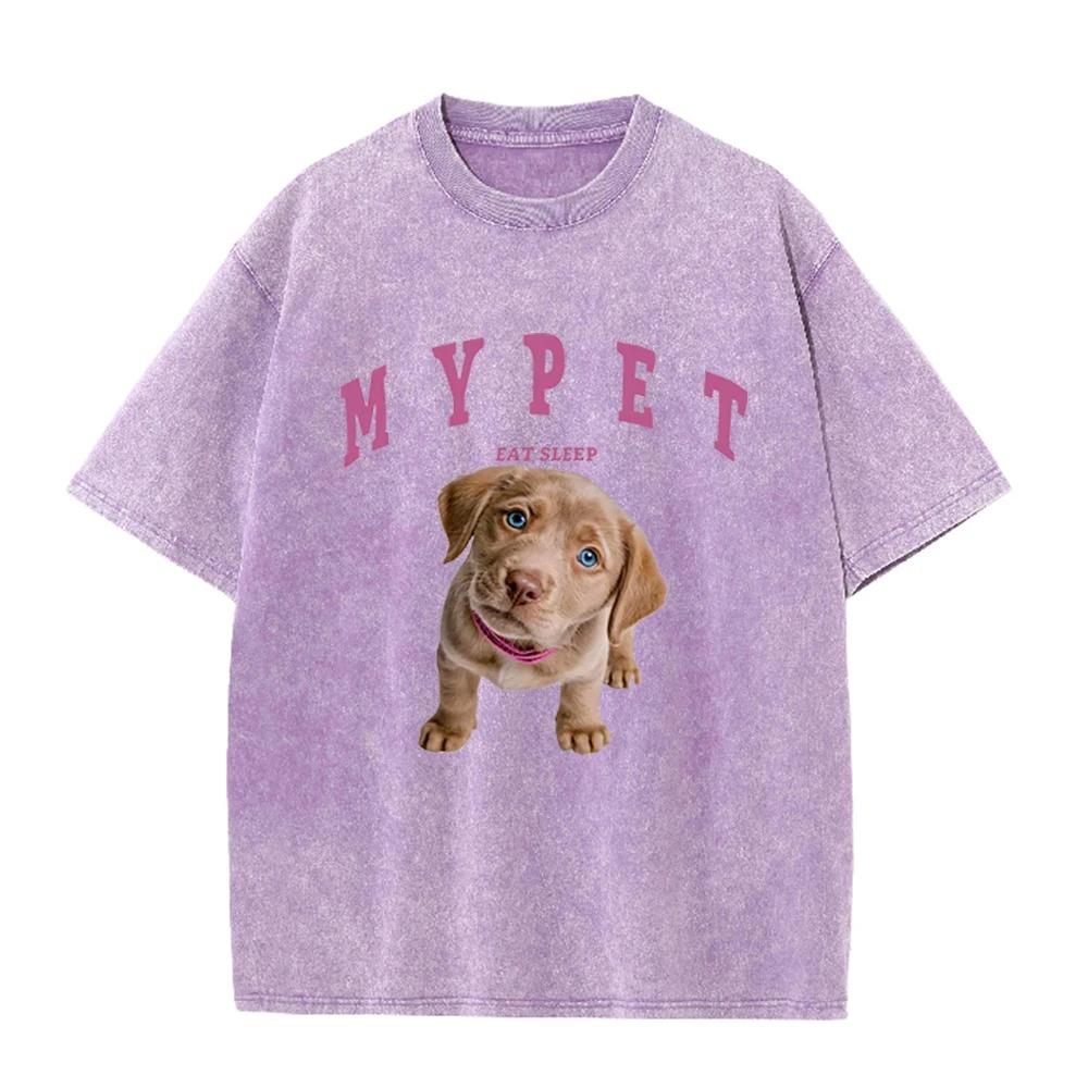 2026 Vintage Washed Black Cute Labrador Puppy My Pet Letter Graphic T Shirt Animal Print Oversized Casual Short Sleeve Tee