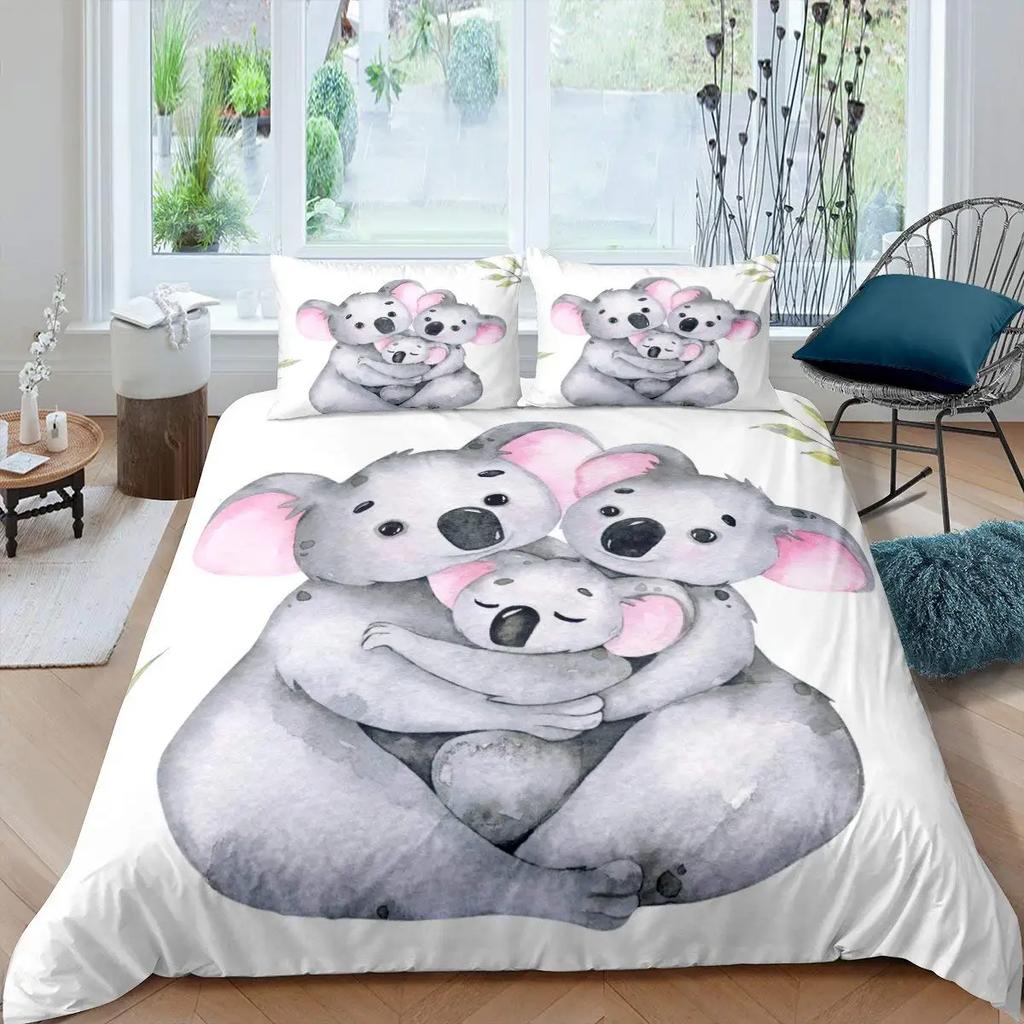 Koala-Bettwäsche-Set für Kinder, niedliches Tiermuster, Jungen und Mädchen, Regenbogen-Schmetterlings-Bettbezug, Blumenmuster