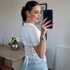 Black Lace Fish-bone Shirts For Women 2026 Spring Summer Chic Short Sleeve O-neck Blouse Lady Street Y2K Tops