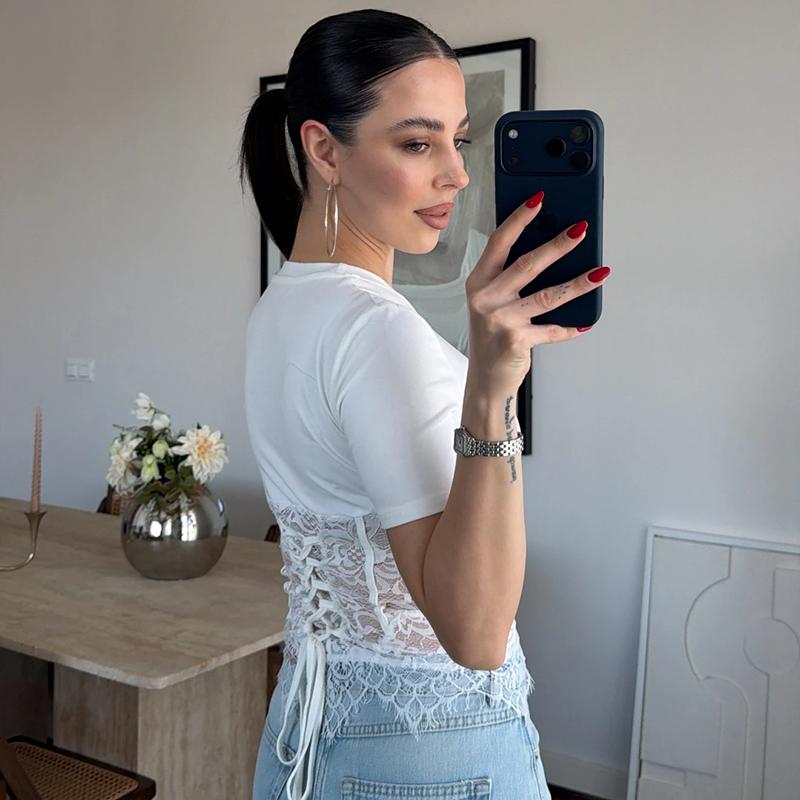 Black Lace Fish-bone Shirts For Women 2026 Spring Summer Chic Short Sleeve O-neck Blouse Lady Street Y2K Tops