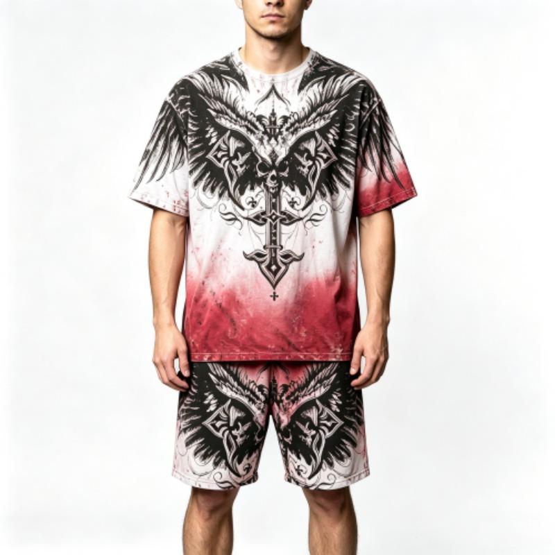 Summer Gothic Style Vintage Skull Cross Printed Round Neck Short Sleeved T-Shirt And Shorts Set Men's and Women's T-shirt Shorts Set