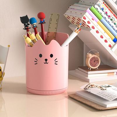 Pen Holder 360 Degree Rotating Cat Pattern Design Large Capacity Stationery Organizer Desk Accessory