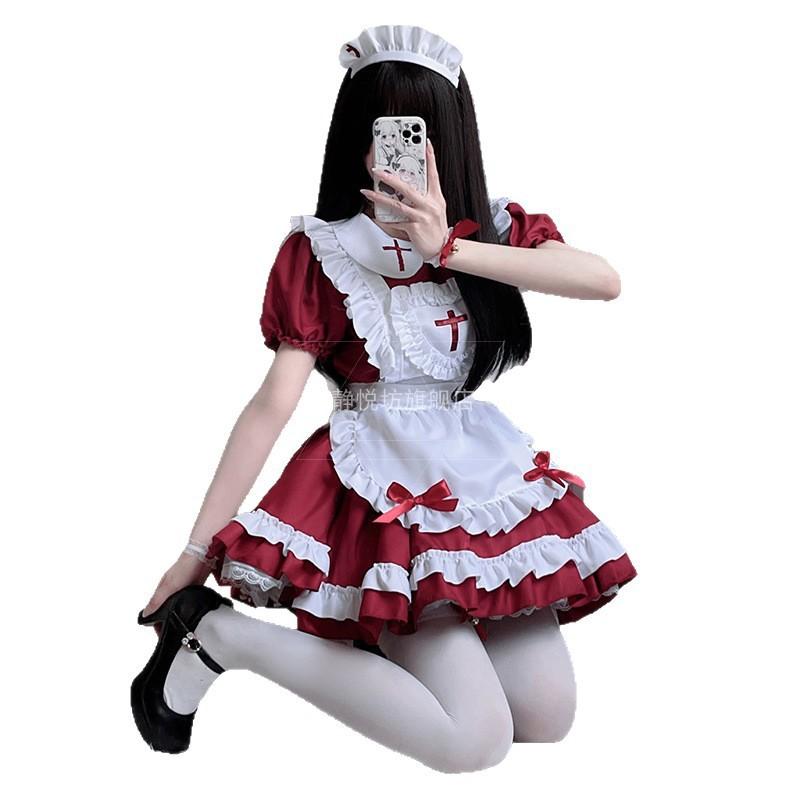 Gothic Cross Maid Dress Halloween Cosplay Costume Anime Lolita Style Adult Women