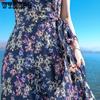 WTEMPO Damen Sommerkleid mit V-Ausschnitt, Strandkleid mit Urlaubsaufdruck, Bohemian-Taillenkleid, lockeres Temperament, Blumenkleid, Feenkleid