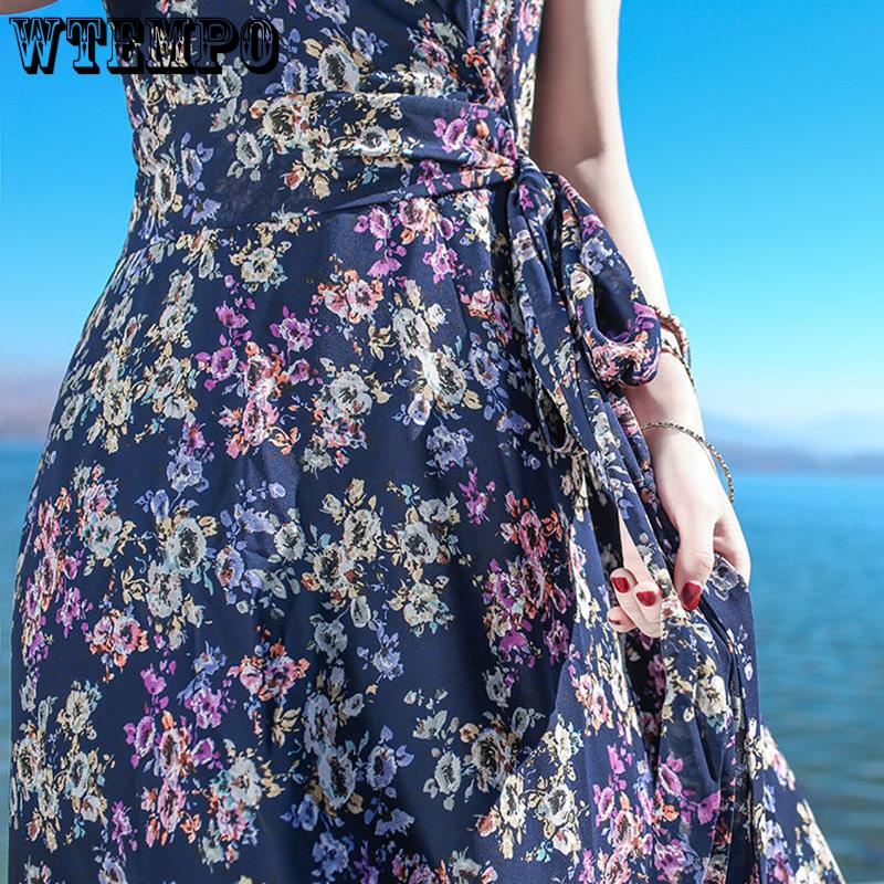 WTEMPO Women's Summer V-neck Dress Seaside Vacation Print Beach Dress Bohemian Waist Dress Loose Temperament Floral Dress Fairy Dress