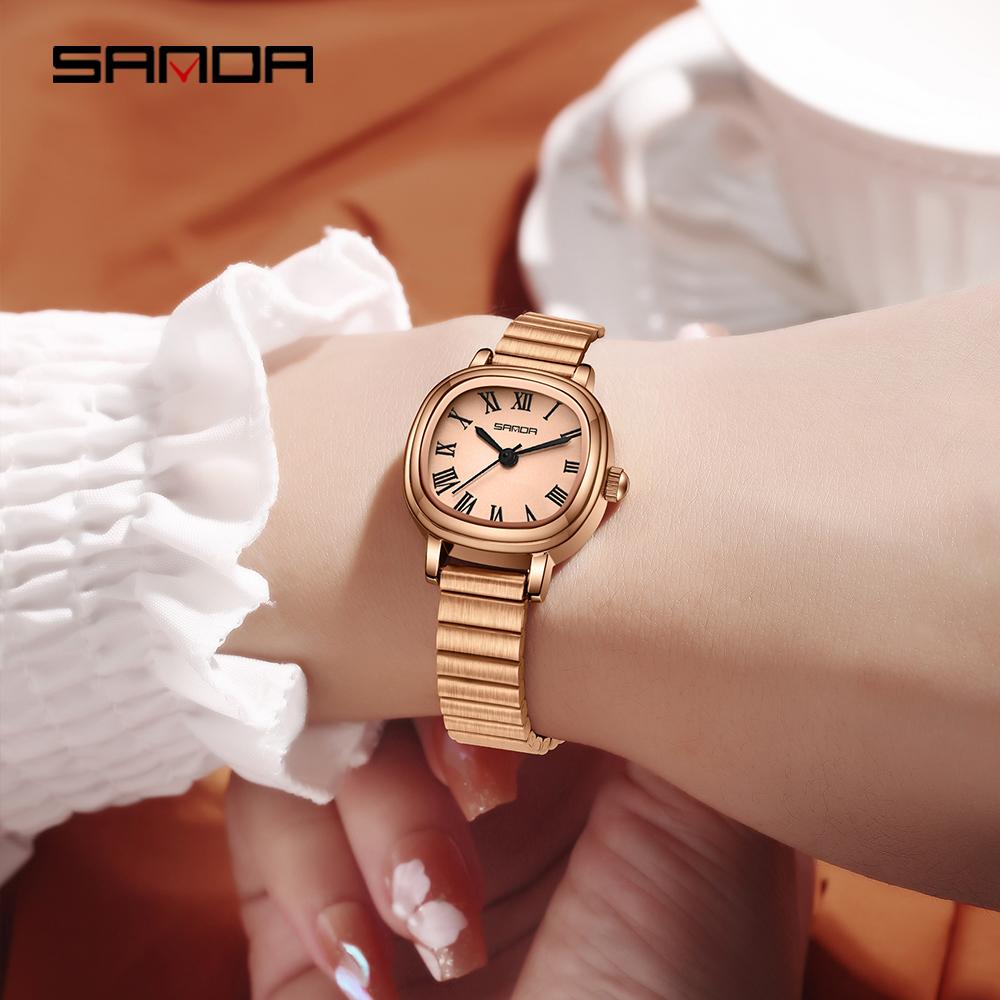 SANDA Women Quartz Watch Fashion Elegant Rose Gold Simple Roman Analog Display Stainless Steel Strap Wristwatch for Ladies