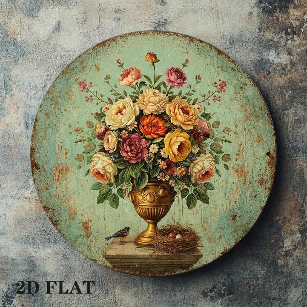 1pc 8x8in Vintage Floral Vase Round Metal Sign Rustic Farmhouse Wall Art Home Decor