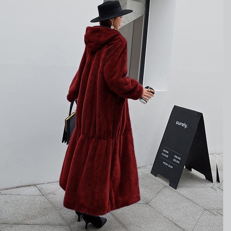 Winter New Casual Temperament Loose Imitation Rex Rabbit Fur Jacket Women's Hooded Long Coat Trendy
