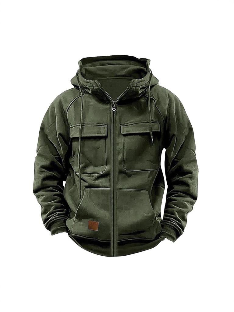 Men's Retro Leather Patch Hooded Sweatshirt - Solid Color, Cross-Border, Autumn/Winter Collection