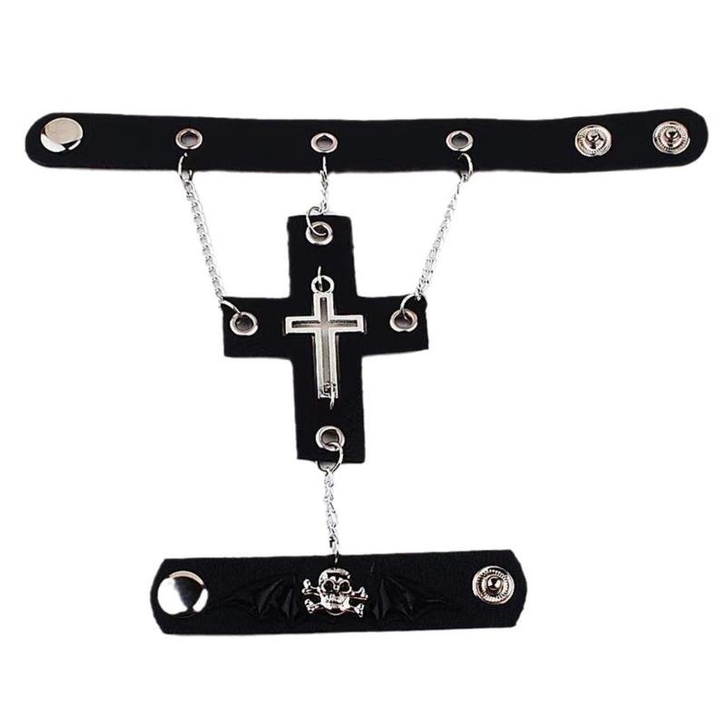 Steampunk Gothic Crosses Hand Chain Leather Link Chain Bracelet with Finger Rings Punk Wristband Bracelets Hand Jewelry 1