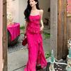 French Temperament Rose Red Suspender Dress Heavy Industry Ruffle and Ankle Dress Vacation Travel Wear