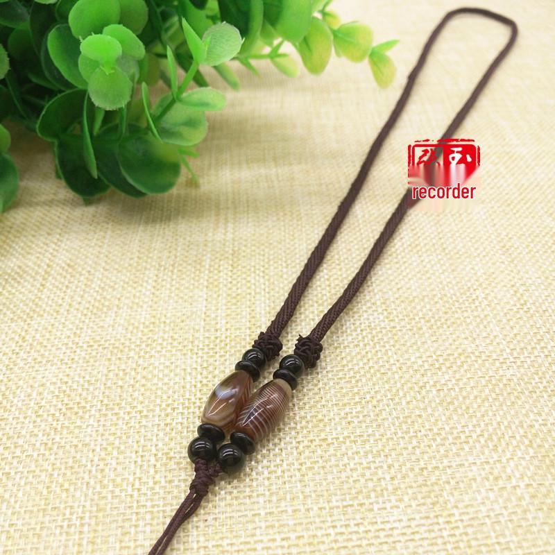 Jade Silk-Wrapped Agate Bead Ethnic Necklace - Long Sweater Chain with Woven Rope Pendant