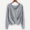 Women Long Sleeve Solid Color V-neck Sexy Cross Knotted Panel Sweater 