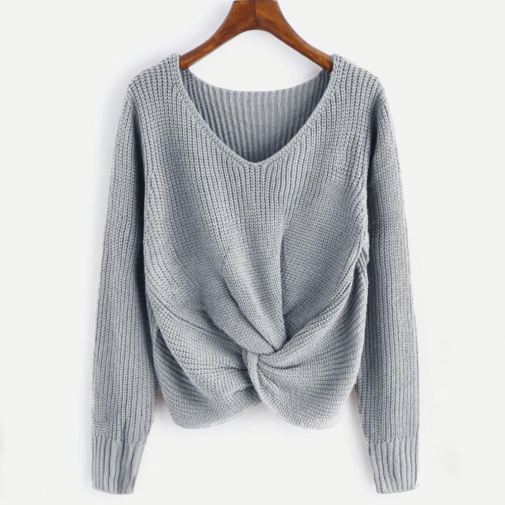 Women Long Sleeve Solid Color V-neck Sexy Cross Knotted Panel Sweater 