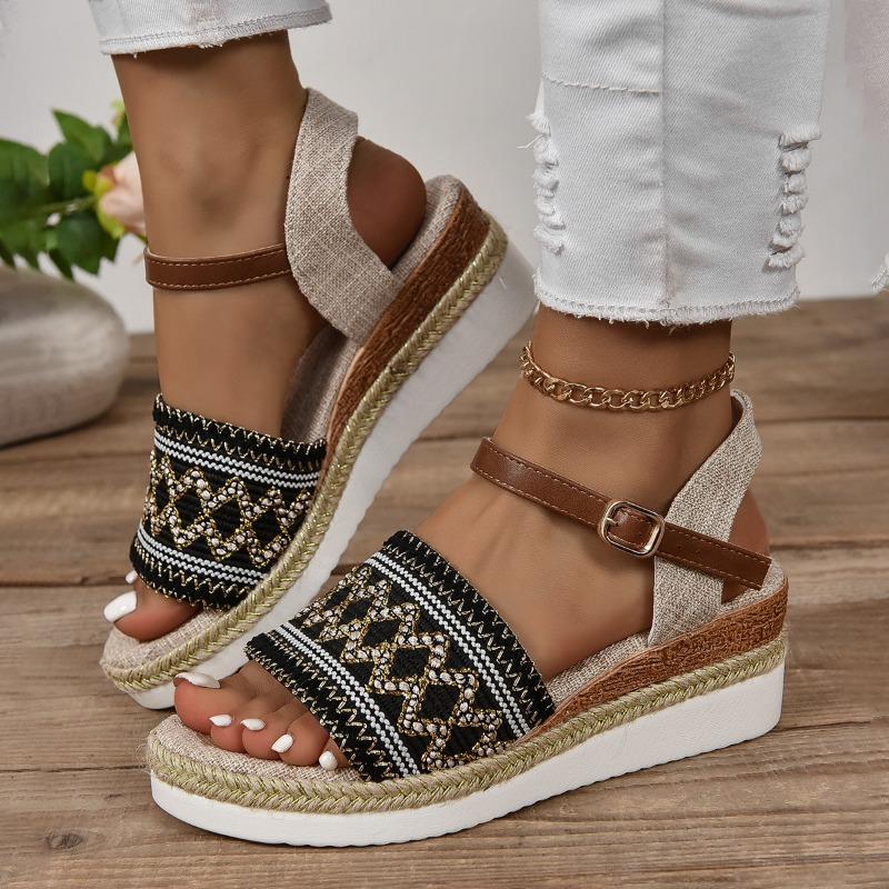 

Летние сандалии на танкетке с плоской подошвой большого размера, женские сандалии с ремешком на одной пряжке, новые сандалии на толстой подошве с джутовой подошвой для пляжа 43 чёрный