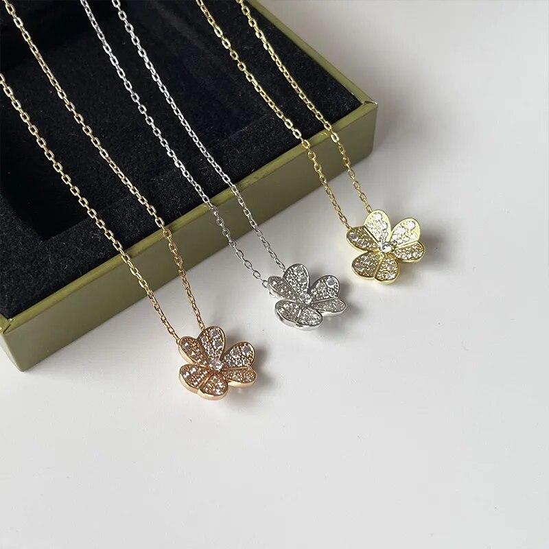 925 Silver Full Diamond Clover Necklace For Women Europe And Usa New Fashion Sweet Temperament Ladies Famous Brand Jewelry Gift