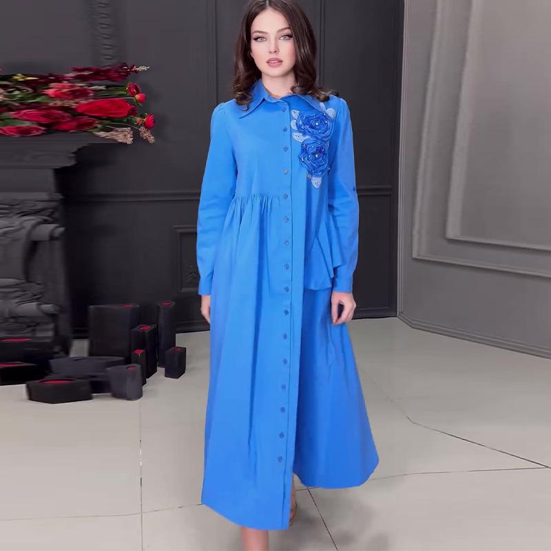 2024 Autumn European & American Women's Elegant Long-Sleeved Dress with 3D Floral Design