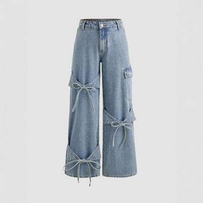 LUXEON Women's Vintage Denim Jeans Pant Mid Waist Bow Lace-Up Straight Leg Ultra-Soft Casual Pants Streetwear Chic Trousers