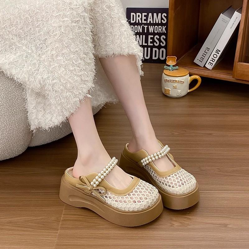 Thick-soled Bag Head Half Slippers Women's Summer Fashion Hole Sandals Lightweight Height-increasing Breathable Hollow Mesh Shoes