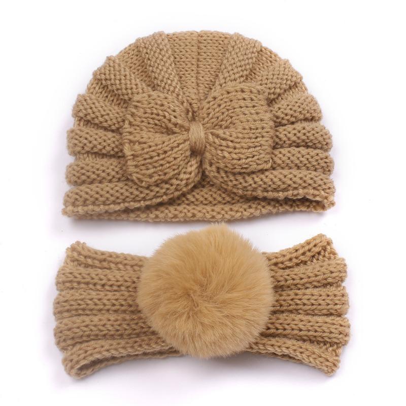 New children's winter warm headscarf hat set, baby bow pullover hat, baby headband