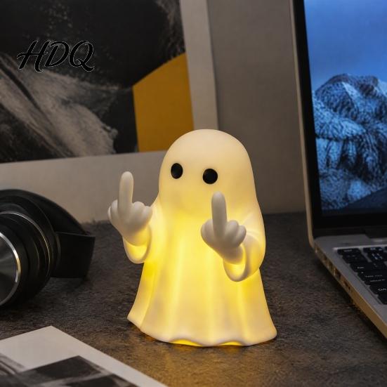 Novelty Dorm Room Decor Halloween Ghost Lamp Cute Middle Finger Ghost/Reading Book Night Light Funny Vinyl Ornament Spooky Figurine for Tabletop,