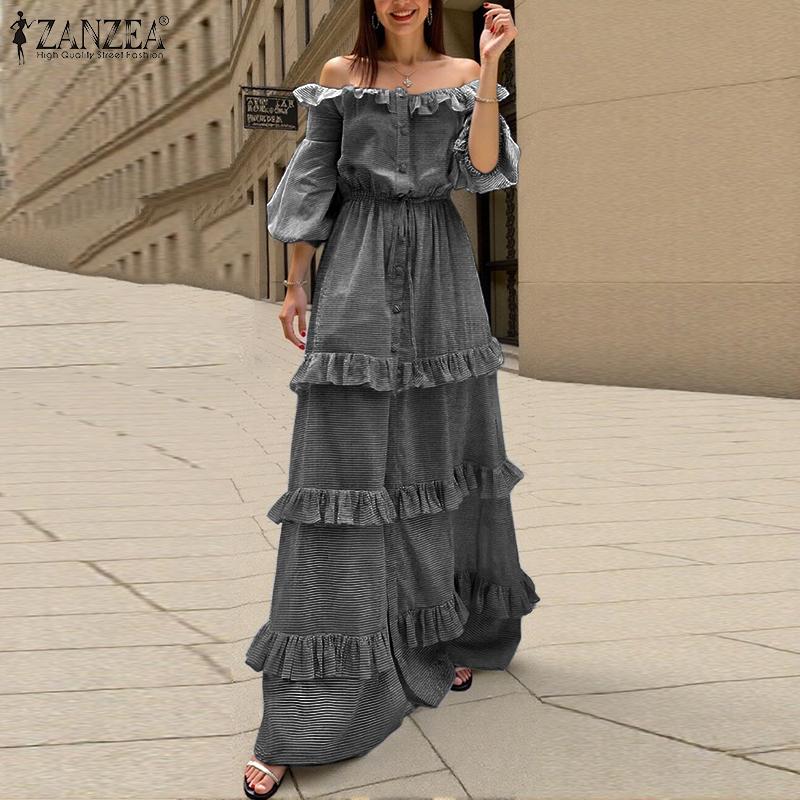 ZANZEA Rochie lungă de vacanță cu mâneci 3/4, cu umăr dezactivat