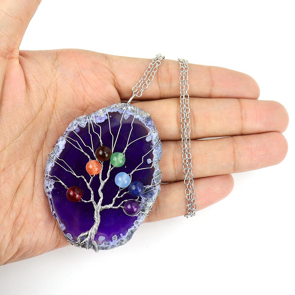 Handmade Silk Winding Tree Of Life Colorful Beads Natural Agate Sheet Pendant Necklace N634