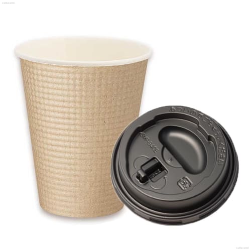 Made in Japan by Shingi, Insulated Embossed Kraft Paper Cups, 340ml with Black Lift-Up Lids, Pack of 50 (SMP-340E)