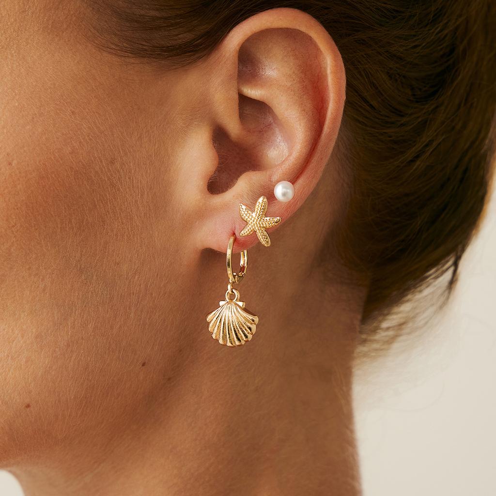 Ocean Style Starfish Shell Pendant Earrings Fashion Metallic Bowknot Ear Clips Ear Cuffs