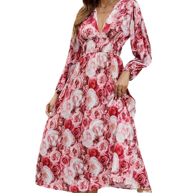 Women's V-neck Dress Autumn Deep V Waist Lantern Long-sleeved Dress