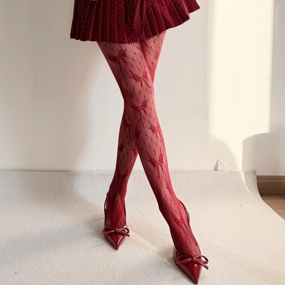 Vintage Hollowed Out Jacquard Pantyhose Fishnet Polka Dot Stockings Mesh Bow Stockings Spicy Girls