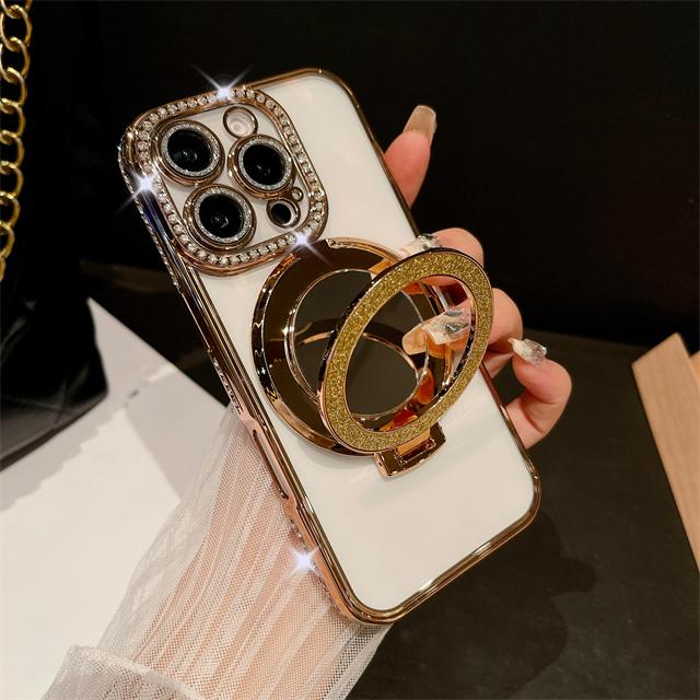 For iPhone 16 Pro Max Luxury Glitter Holder Stand Plating Frame Phone Case For iPhone 11 12 13 14 15 16 Plus Flash Diamond Cover