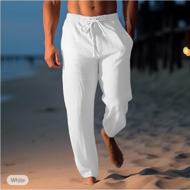 Men's linen trousers summer pants beach pants drawstring elastic waist straight flat comfortable breathable casual daily