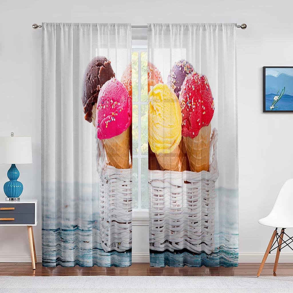 Ice Cream Sheer Voile Curtain Taste of Summer Theme Chocolate Candy Window Tulle Curtains for Living Room Bedroom Decorations