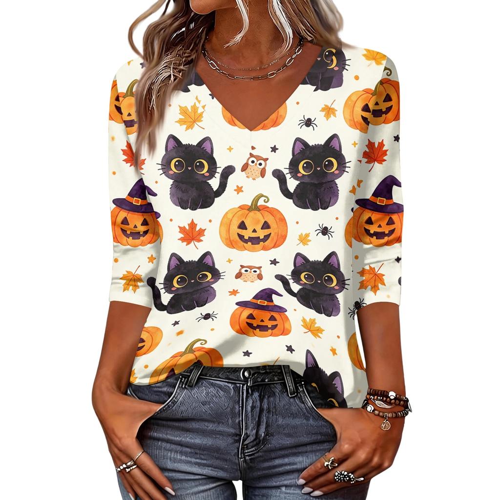 Women's Fashion Casual Halloween Print V-Neck Three-Quarter Sleeve Top