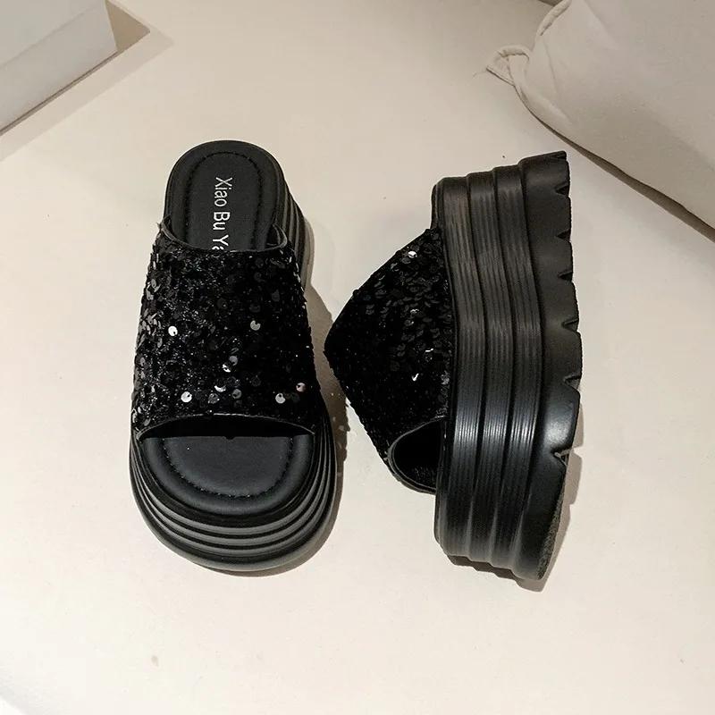 Fashion 8CM Thick Bottom Summer Bling Slippers Women's Sandals Women Wedges High Platform Flat Shoes Woman Beach Open Toed Flip Flops