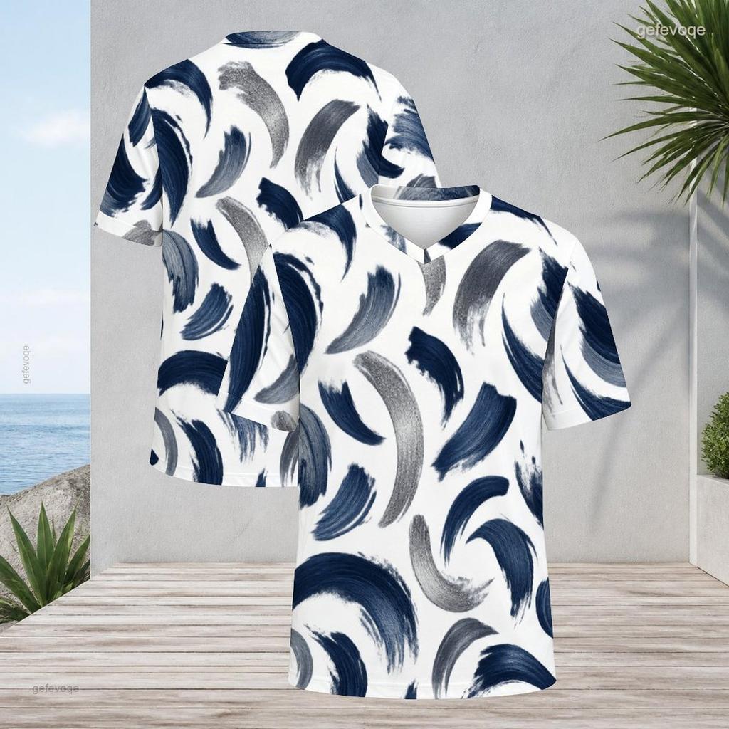 Men Plus Size V Neck Short Sleeve T Shirt Blue Agate Geode Printed White Casual Tee
